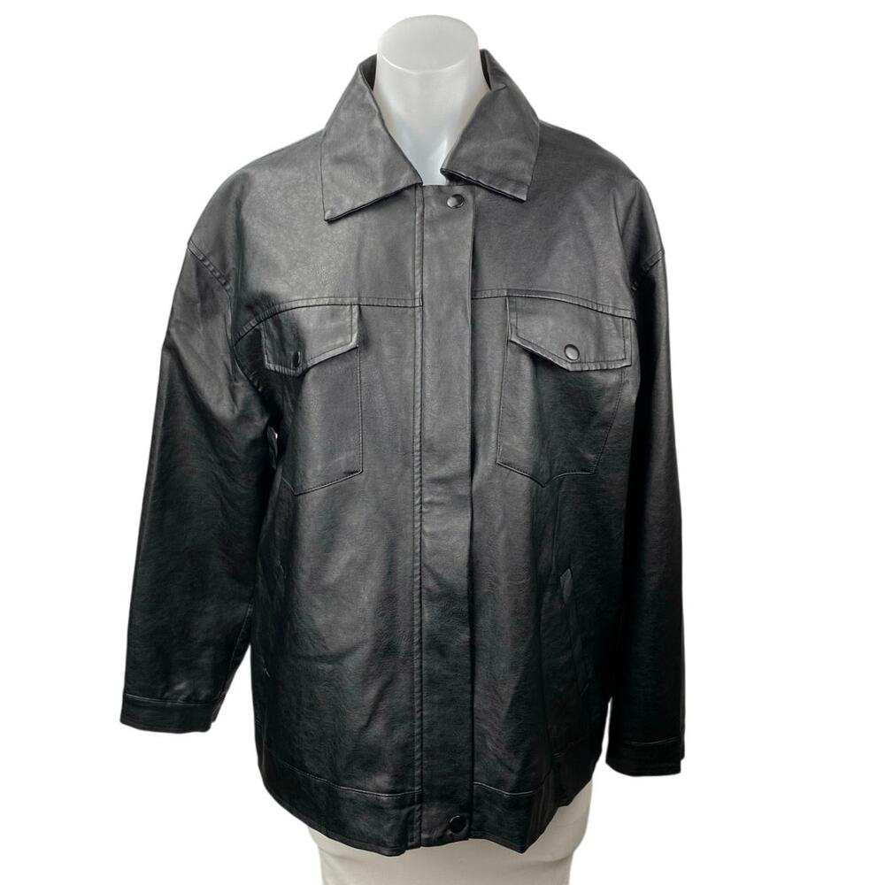Princess Polly Women's Black Long Sleeve Faux Leather Vegan Shirt Jacket Size 4